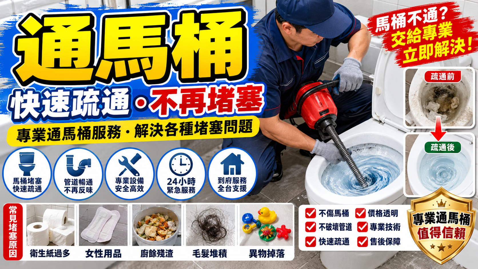 通馬桶怎麼處理?馬桶堵塞原因、疏通方法、費用與師傅挑選重點